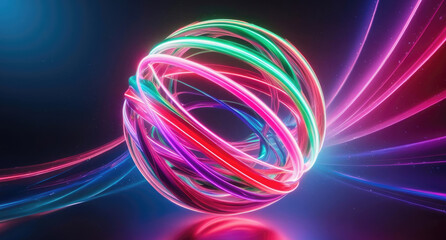 Digital abstract art piece featuring a vibrant swirling sphere of light and color, The central subject is a glowing orb composed of intertwining wispy streams of neon pink green red purple and blue.