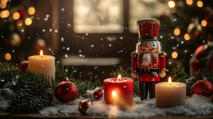Christmas Decor with Nutcracker, Candles, and Snow