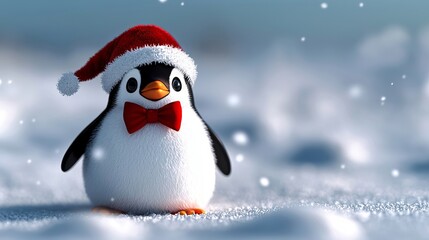 A penguin wearing a santa hat and bow tie in the snow