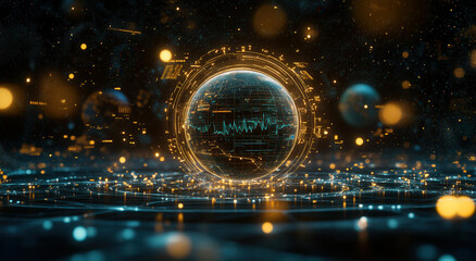 3D rendering of the Earth surrounded by an intricate network of circles and lines, with glowing data points emanating from it. 