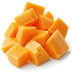 A vibrant pile of cube-shaped cheddar cheese pieces, perfect for snacking or adding to dishes, isolate on white background.