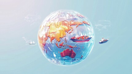 Obraz premium Transparent holographic globe highlighting shipping hubs flat design top view maritime theme water color Triadic Color Scheme