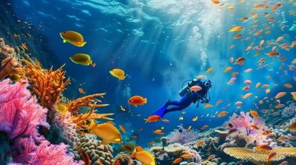 Fotobehang An exhilarating scuba diving adventure in a vibrant coral reef, Diving gear prepared for underwater exploration, Coral reef exploration style © ArpPSIqee