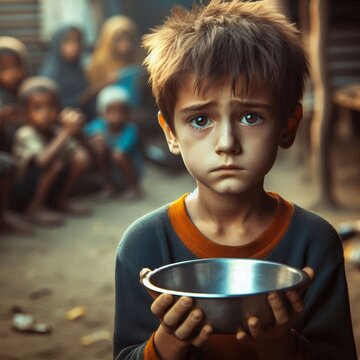 Poor starving hungry orphan boy in a refugee camp holding empty bowl plate. War, social crisis, social inequality, poverty, issue help charity donation concept.