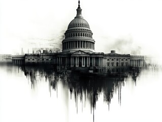 Capitol building silhouette in black and white, dramatic contrast and reflection.