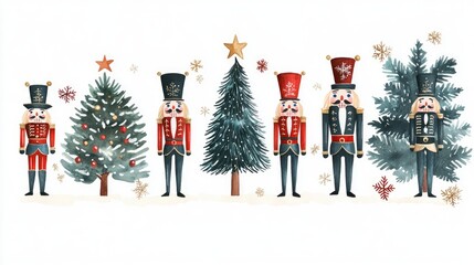 Nutcrackers and Christmas trees, traditional theme, colorful, isolated on white background