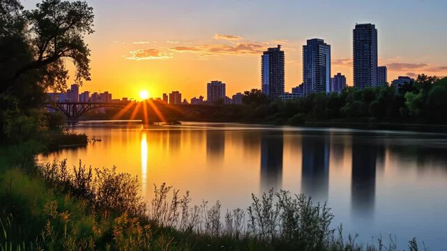 The sun sets over a cityscape with a bridge and river in the foreground