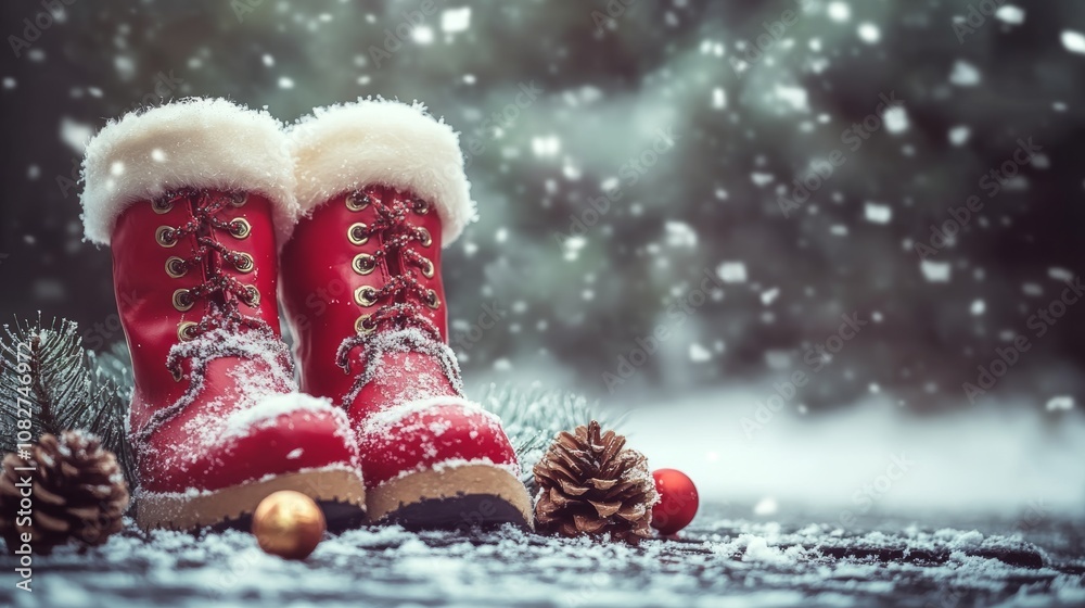 Wall mural Red Christmas boots with festive decorations surrounded by snow and holiday ornaments in a winter wonderland