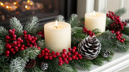 Burning Candles Surrounded by Pine Sprigs, Red Berries, and Pine Cones