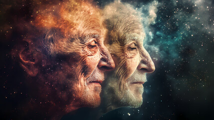 Imagination affection abstract digital art of two elderly faces dissolving into particles symbolizing memory aging and the ephemeral nature of life and human consciousness. Ephemeral. Illustration