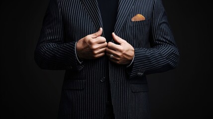 Close-up view of a person adjusting a striped black suit jacket with a pocket square on a dark background