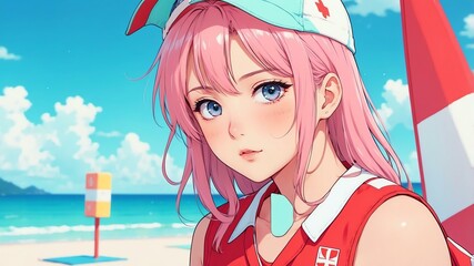 Close-up of a lifeguard on an aesthetic respective anime background