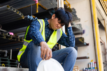 A warehouse worker got fired, he is in trouble.. He is wearing a hard hat and he is in a state of distress