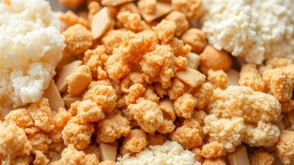 Close up shot of a variety of foods with different textures, such as crunchy, smooth, and fluffy, illustrating the concept of a texture diet, choices, different textures, health