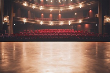 Beautiful interior of a classic theater showcasing red plush seats and warm lighting, inviting audiences to enjoy a live performance on stage.