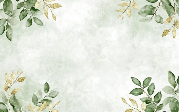 Elegant green and gold foliage design featuring leaf patterns, perfect for invitations or backgrounds in spring and summer themes
