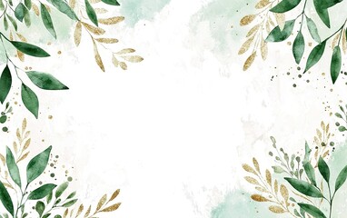 Elegant watercolor design featuring golden accents and lush green foliage, perfect for invitations or decorative backgrounds