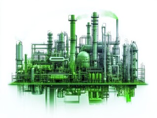 Green industrial factory, white isolate background.