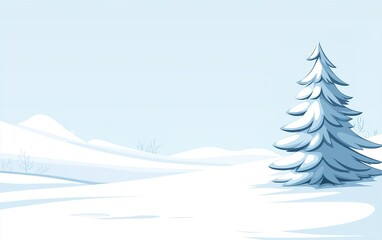 Snow-covered landscape featuring a lone evergreen tree under a clear sky in winter, creating a peaceful and serene atmosphere