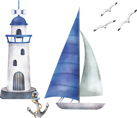 Handdrawn Lighthouse and Sailboat illustration