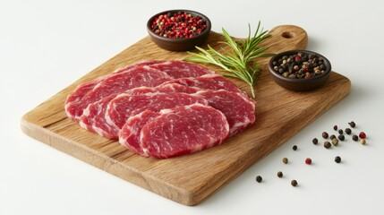 Fototapeta premium Fresh red veal meat slices arranged on a rustic wooden board with colorful spices ready for gourmet meal preparation