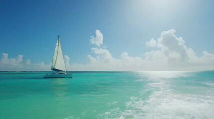Fototapeta premium Sailboat Gliding on Turquoise Waters Under a Clear Sky