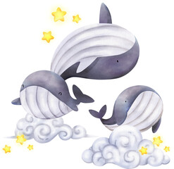 Handdrawn Whales Floating on Cloud and Shining Star © 3dcr3at3