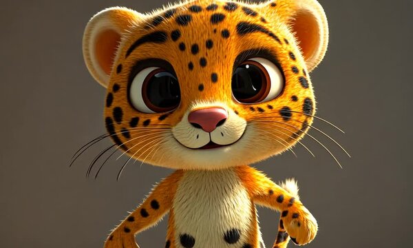 Adorable cartoon leopard with big eyes standing on a grey background.