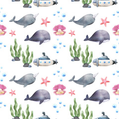 Blue Whale with the Submarine seamless pattern