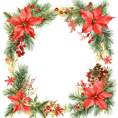 Watercolor Christmas frame with  flowers on white background