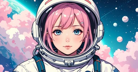 Close-up of a astronaut on an aesthetic respective anime background