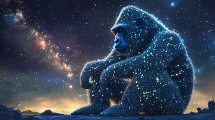 The image features a seated gorilla made of digital networks under a star-filled sky, capturing the convergence of wildlife and technology in an ephemeral moment. Ephemeral. Illustration