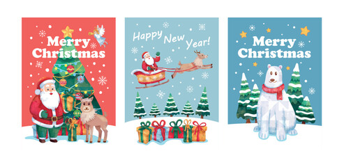 Merry Christmas and Happy New Year posters. Vector illustrations with Christmas decorations. Suitable for flyers and postcards. Vector Illustration EPS10