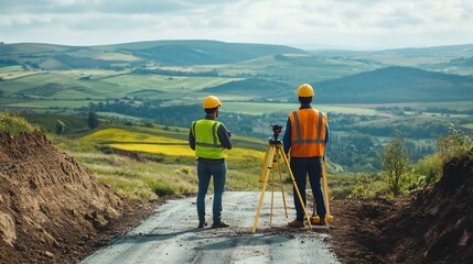 Two construction workers in hard hats and vests standing on a dirt road looking out over a valley.