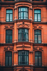 Fototapeta premium Vintage red-brick building facade with large windows showcasing urban architecture in a city