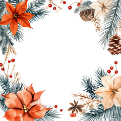 Fototapeta premium Watercolor Christmas frame with balls and flowers on white background