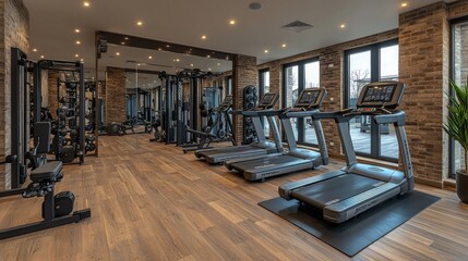 This gym showcases a spacious layout with several treadmills, weights, and workout machines, all illuminated by natural light from expansive windows.