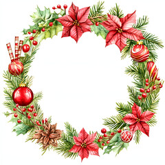 Watercolor Christmas frame with balls and flowers on white background