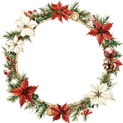 Watercolor Christmas frame with balls and flowers on white background