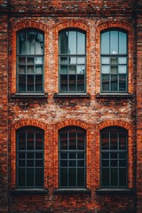 Obraz premium Vintage red-brick building facade featuring large windows in an urban setting during the day