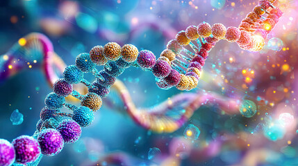 Artistic representation of bioinformatics data flowing from DNA to RNA to proteins