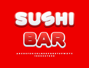 Vector bright advertisement Sushi Bar. Artistic White and Red Font. Uppercase 3D Alphabet Letters and Numbers.
