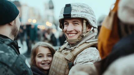 Fototapeta premium Smiling soldier in uniform being embraced by family in urban setting, with a young girl and other people in the background