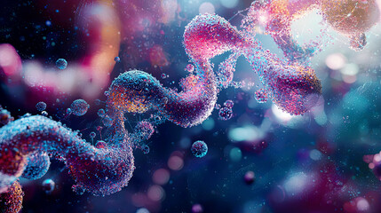 Obraz premium Artistic visualization of bioinformatics processes represented through flowing data and molecular graphics