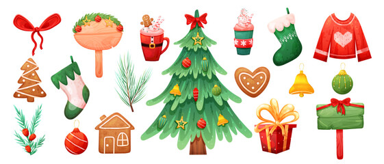Christmas set with decorated fir tree, gingerbread cookie and ugly sweaters