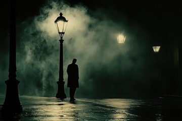 Silhouette of a man walking down a foggy street illuminated by vintage street lamps