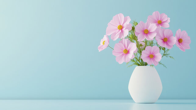 beautiful arrangement of pink cosmos flowers in white vase against light blue background creates serene and elegant atmosphere