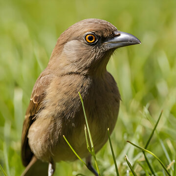 Closeup portrait of a little brown bird perched on a fresh meadow with food in ts beak
