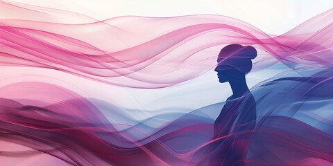 Abstract background with silhouette of a person and abstract waves in pink and blue tones, high contrast, smooth texture, fluid design.