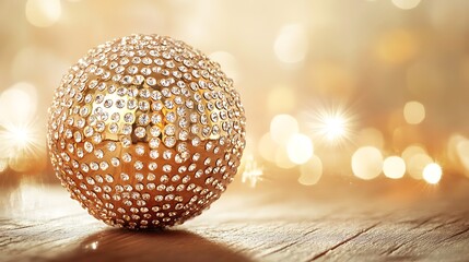 A detailed view of a sparkling gold Christmas ball adorned with rhinestones, reflecting light in a festive setting, placed on a wooden table.